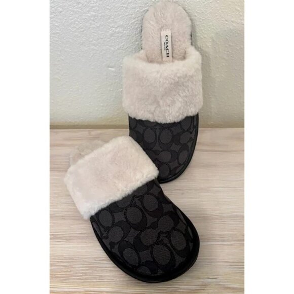 Coach Women's Smoke/Coal/Black Shearling Lined Logo Mules Zena Slippers Size 8 - Picture 4 of 5